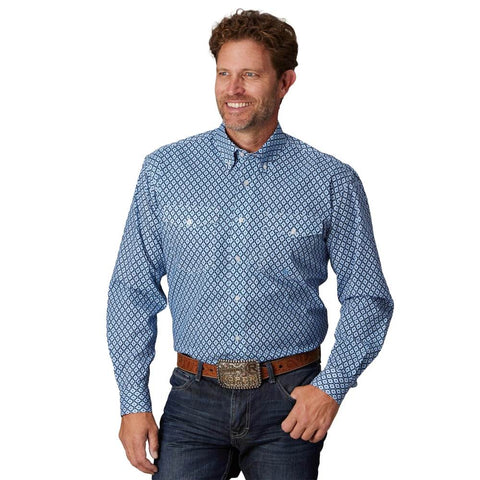 ROPER MENS AMARILLO COLLECTION LONG SLEEVE - BLUE DIAMOND PRINT [SZ:S]