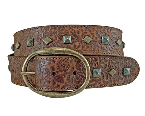 ROPER EMBOSSED BUFFALO LEATHER WOMENS BELT WITH DIAMOND NAIL HEADS - BROWN [SZ:S]