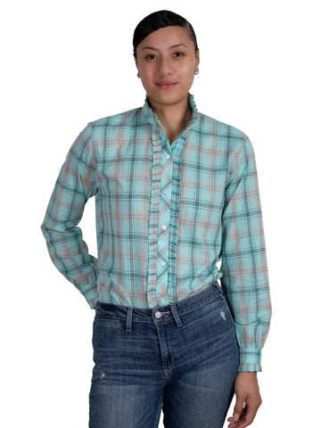 JUST COUNTRY ABBLEY FRILLS FULL BUTTON PRINT WORKSHIRT - MINT GREEN PLAID [SZ:10]