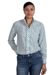 JUST COUNTRY ABBEY FRILLS FULL BUTTON PRINT WORKSHIRT - DUSTY TURQUOISE CHECK [SZ:10]