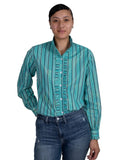 JUST COUNTRY ABBEY FRILLS FULL BUTTON PRINT WORKSHIRT - TURQUOISE STRIPE [SZ:10]