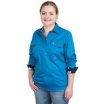 JUST COUNTRY JAHNA TRIM HALF BUTTON PRINT WORKSHIRT - BLUE JEWEL/NAVY ORCHIDS [SZ:8]