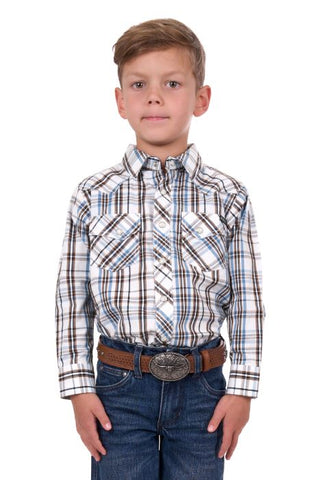 PURE WESTERN EVAN BOYS LONG SLEEVE SHIRT - WHITE/TAN [SZ:2]