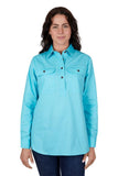 THOMAS COOK WOMENS LIGHT DRILL HALF PLACKET LONG SLEEVE SHIRT - AQUA [SZ:8]