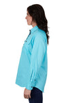 THOMAS COOK WOMENS LIGHT DRILL HALF PLACKET LONG SLEEVE SHIRT - AQUA [SZ:8]