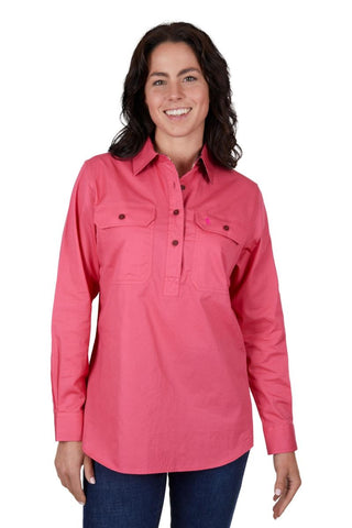 THOMAS COOK WOMENS LIGHT DRILL HALF PLACKET LONG SLEEVE SHIRT - WATERMELON [SZ:8]